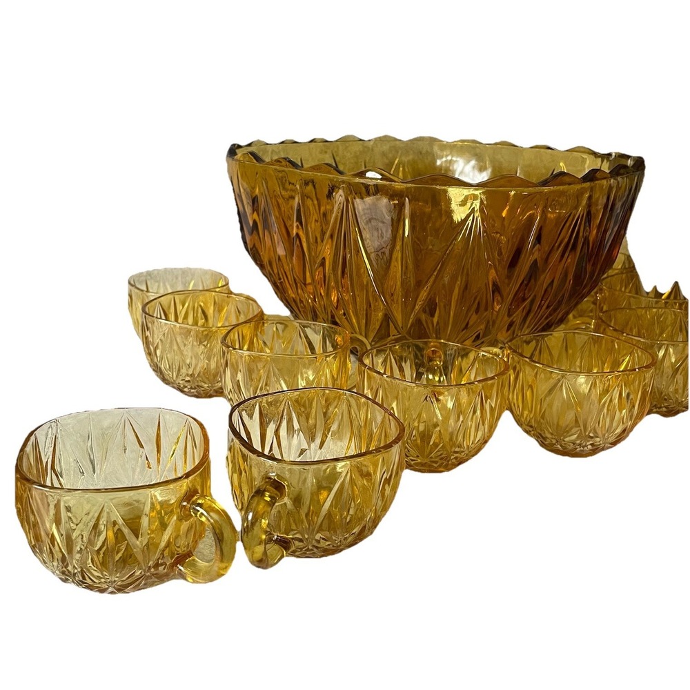 Hazel Atlas Williamsport Gold Glass Punch Bowl Set w/ Cups, 26 Piece Service - Picture 10 of 12